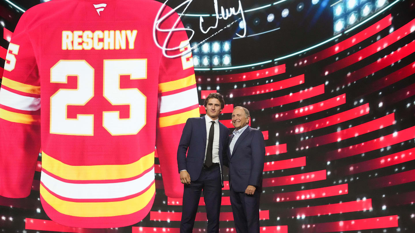 Jun 27, 2025; Los Angeles, California, USA; Cole Reschny is selected as the 18th overall pick to the Calgary Flames in the first round of the 2025 NHL Draft at Peacock Theater. Mandatory Credit: Kirby Lee-Imagn Images