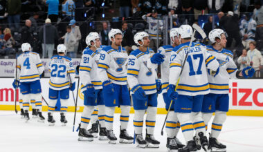 Apr 16, 2026; Salt Lake City, Utah, USA; The St. Louis Blues celebrate after defeating the Utah Mammoth at Delta Center. Mandatory Credit: Rob Gray-Imagn Images