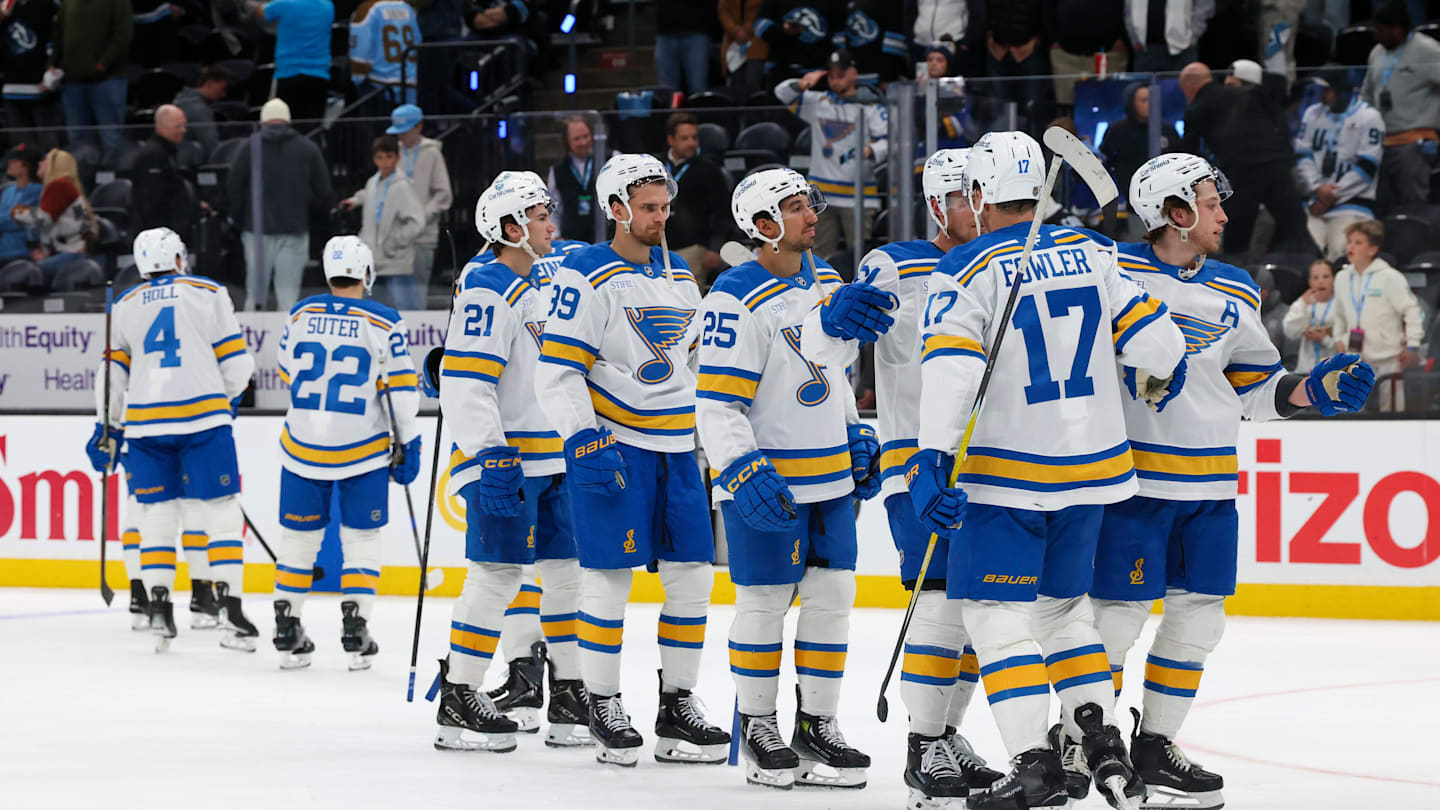 Apr 16, 2026; Salt Lake City, Utah, USA; The St. Louis Blues celebrate after defeating the Utah Mammoth at Delta Center. Mandatory Credit: Rob Gray-Imagn Images