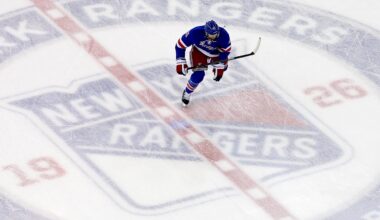 May 22, 2014; New York, NY, USA; New York Rangers left wing Rick Nash skates across the center ice logo before game three of the Eastern Conference Final of the 2014 Stanley Cup Playoffs against the Montreal Canadiens at Madison Square Garden. Mandatory Credit: Ed Mulholland-Imagn Images