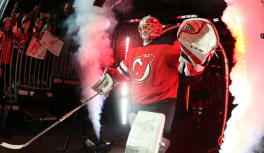 Oct 14, 2019; Newark, NJ, USA; New Jersey Devils goaltender Cory Schneider (35) walks to the ice before the start of the first period of their game against the Florida Panthers at Prudential Center. Mandatory Credit: Ed Mulholland-Imagn Images