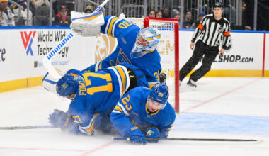 Jan 24, 2026; St. Louis, Missouri, USA; St. Louis Blues defenseman Cam Fowler (17) and defenseman Logan Mailloux (23) collide with goaltender Joel Hofer (30) during the third period against the Los Angeles Kings at Enterprise Center. Mandatory Credit: Jeff Curry-Imagn Images