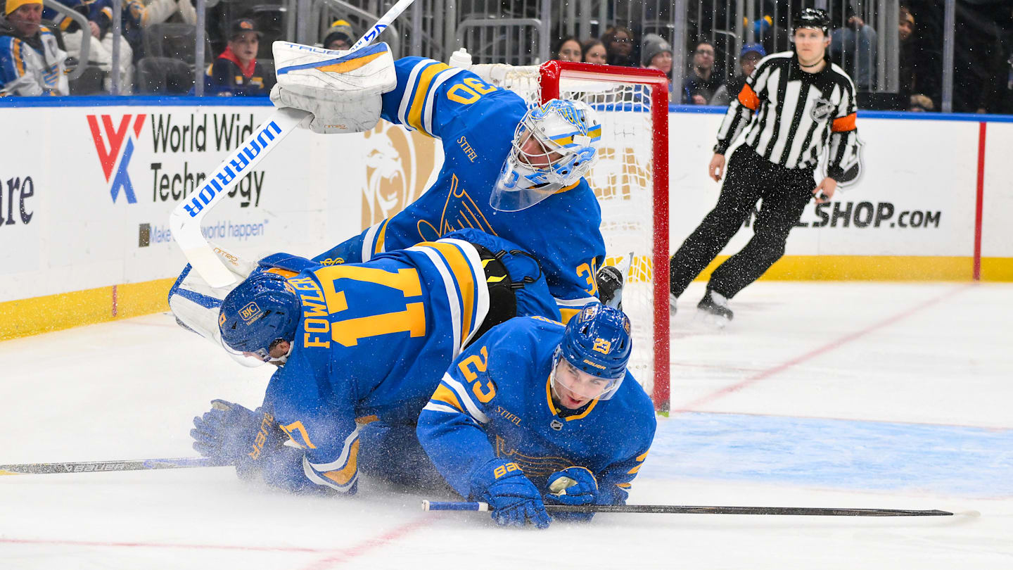 Jan 24, 2026; St. Louis, Missouri, USA; St. Louis Blues defenseman Cam Fowler (17) and defenseman Logan Mailloux (23) collide with goaltender Joel Hofer (30) during the third period against the Los Angeles Kings at Enterprise Center. Mandatory Credit: Jeff Curry-Imagn Images