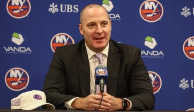 Nov 22, 2025; Elmont, New York, USA; New York Islanders General Manager Mathieu Darche speaks with fans at a pre-game event prior to the game against the St. Louis Blues at UBS Arena. Mandatory Credit: Wendell Cruz-Imagn Images