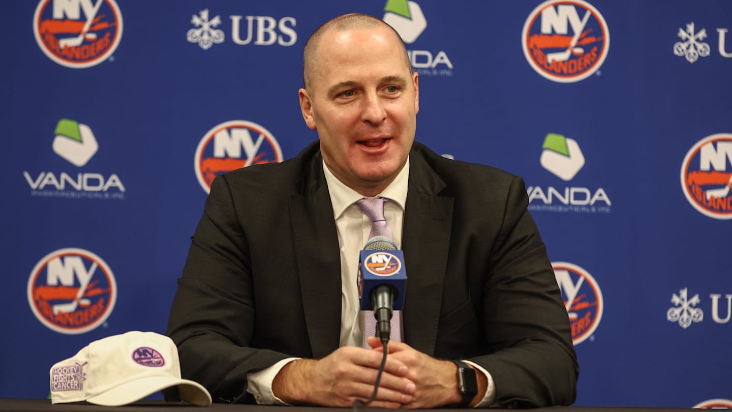 Nov 22, 2025; Elmont, New York, USA; New York Islanders General Manager Mathieu Darche speaks with fans at a pre-game event prior to the game against the St. Louis Blues at UBS Arena. Mandatory Credit: Wendell Cruz-Imagn Images