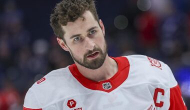 Apr 13, 2026; Tampa, Florida, USA; Detroit Red Wings center Dylan Larkin (71) warms up before a game against the Tampa Bay Lightning at Benchmark International Arena. Mandatory Credit: Nathan Ray Seebeck-Imagn Images