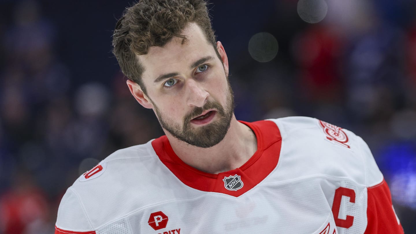 Apr 13, 2026; Tampa, Florida, USA; Detroit Red Wings center Dylan Larkin (71) warms up before a game against the Tampa Bay Lightning at Benchmark International Arena. Mandatory Credit: Nathan Ray Seebeck-Imagn Images