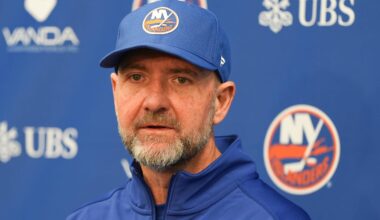 Apr 11, 2026; Elmont, New York, USA; New York Islanders head coach Peter DeBoer speaks to the media before their game against the Ottawa Senators at UBS Arena.