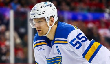Mar 18, 2026; Calgary, Alberta, CAN; St. Louis Blues defenseman Colton Parayko (55) against the Calgary Flames during the third period at Scotiabank Saddledome. Mandatory Credit: Sergei Belski-Imagn Images