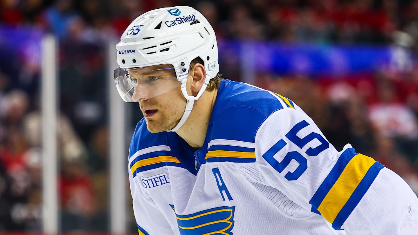 Mar 18, 2026; Calgary, Alberta, CAN; St. Louis Blues defenseman Colton Parayko (55) against the Calgary Flames during the third period at Scotiabank Saddledome. Mandatory Credit: Sergei Belski-Imagn Images