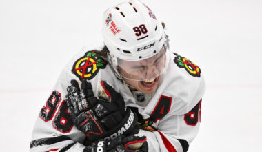 Dec 12, 2025; St. Louis, Missouri, USA; Chicago Blackhawks center Connor Bedard (98) reacts in pain after a face off against St. Louis Blues center Brayden Schenn (not pictured) during the third period at Enterprise Center. Mandatory Credit: Jeff Curry-Imagn Images