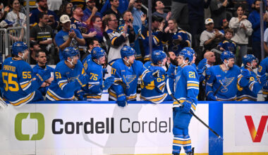 Apr 14, 2026; St. Louis, Missouri, USA; St. Louis Blues right wing Jimmy Snuggerud (21) celebrates with teammates after scoring a goal against the Pittsburgh Penguins during the first period at Enterprise Center. Mandatory Credit: Connor Hamilton-Imagn Images
