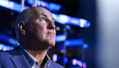 Nov 29, 2025; St. Louis, Missouri, USA; St. Louis Blues general manager Doug Armstrong looks on before a game against the Utah Mammoth at Enterprise Center. Mandatory Credit: Jeff Curry-Imagn Images