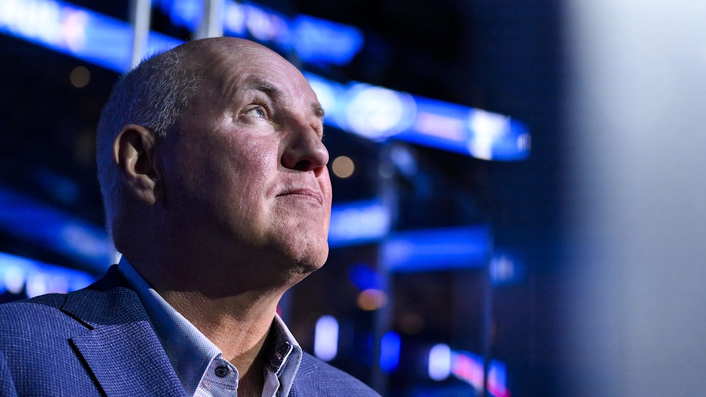 Nov 29, 2025; St. Louis, Missouri, USA; St. Louis Blues general manager Doug Armstrong looks on before a game against the Utah Mammoth at Enterprise Center. Mandatory Credit: Jeff Curry-Imagn Images