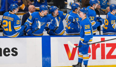 Mar 24, 2026; St. Louis, Missouri, USA; St. Louis Blues center Otto Stenberg (28) celebrates with left wing Jake Neighbours (63) left wing Dylan Holloway (81) and right wing Jimmy Snuggerud (21) after scoring against the Washington Capitals during the third period at Enterprise Center. Mandatory Credit: Jeff Curry-Imagn Images