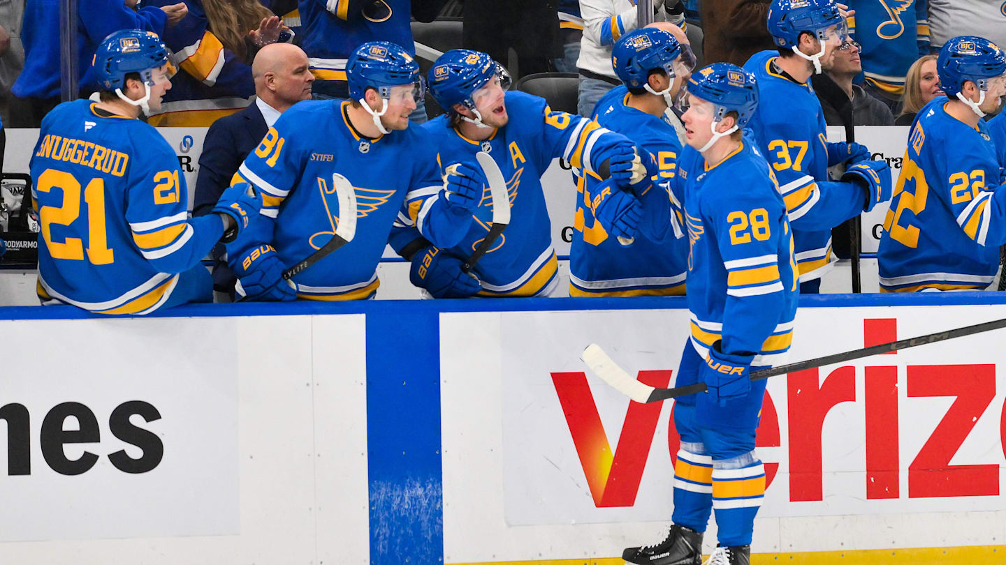 Mar 24, 2026; St. Louis, Missouri, USA; St. Louis Blues center Otto Stenberg (28) celebrates with left wing Jake Neighbours (63) left wing Dylan Holloway (81) and right wing Jimmy Snuggerud (21) after scoring against the Washington Capitals during the third period at Enterprise Center. Mandatory Credit: Jeff Curry-Imagn Images