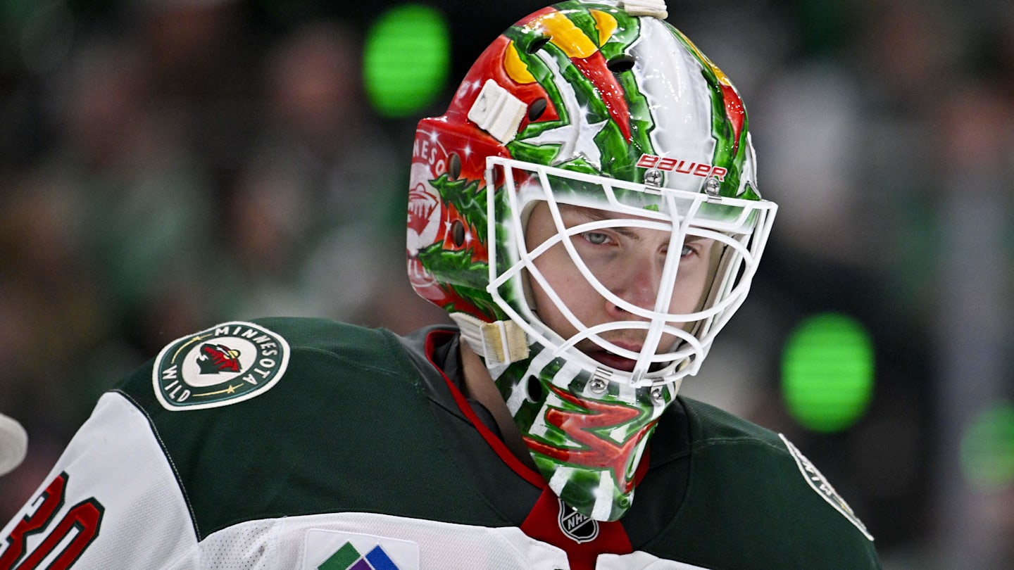 Apr 20, 2026; Dallas, Texas, USA; Minnesota Wild goaltender Jesper Wallstedt (30) looks on during the second period against the Dallas Stars in game two of the first round of the 2026 Stanley Cup Playoffs at American Airlines Center. Mandatory Credit: Jerome Miron-Imagn Images