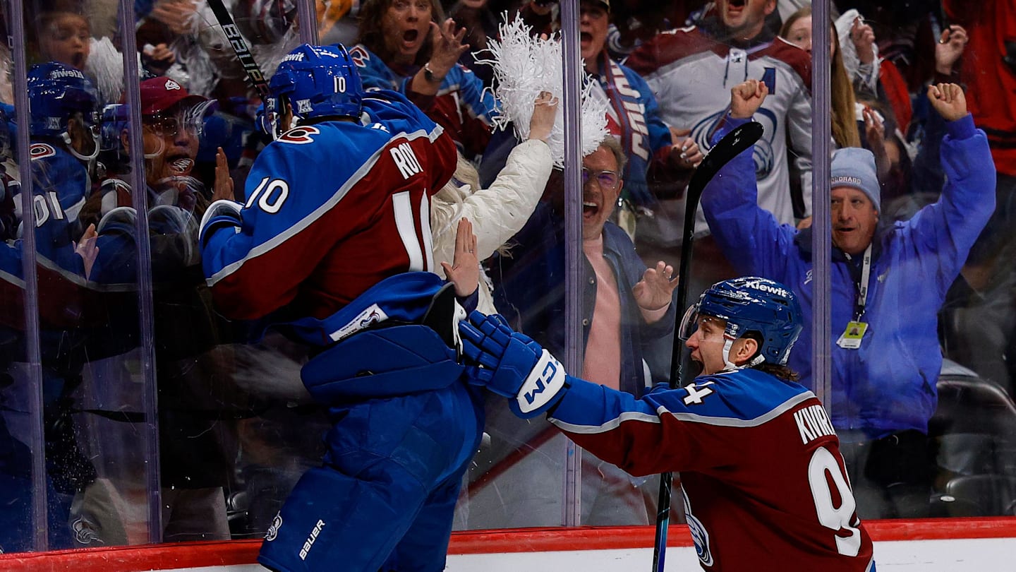 Apr 21, 2026; Denver, Colorado, USA; Colorado Avalanche center Nicolas Roy (10) celebrates his game winning goal with left wing Joel Kiviranta (94) in overtime against the Los Angeles Kings in game two of the first round of the 2026 Stanley Cup Playoffs at Ball Arena. Mandatory Credit: Isaiah J. Downing-Imagn Images