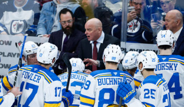 Jan 20, 2026; Winnipeg, Manitoba, CAN; St. Louis Blues coach Jim Montgomery strategizes against the Winnipeg Jets during the third period at Canada Life Centre. Mandatory Credit: Terrence Lee-Imagn Images