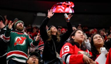Fans react after a goal scored by New Jersey Devils defenseman Simon Nemec (not pictured) against the Philadelphia Flyers during the first period at Prudential Center. Mandatory Credit: John Jones-Imagn Images