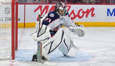 Apr 11, 2026; Montreal, Quebec, CAN; Columbus Blue Jackets goalie Jet Greaves (73) makes a save against the Montreal Canadiens during the second period at the Bell Centre. Mandatory Credit: Eric Bolte-Imagn Images