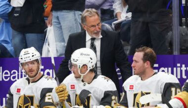 Apr 24, 2026; Salt Lake City, Utah, USA; Vegas Golden Knights head coach John Tortorella speaks to center Nic Dowd (26), center Brett Howden (21) and center Colton Sissons (10) during the third period in game three of the first round of the 2026 Stanley Cup Playoffs against the Utah Mammoth at Delta Center. Mandatory Credit: Rob Gray-Imagn Images