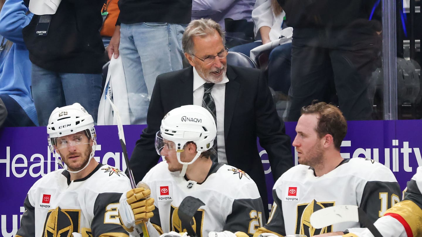 Apr 24, 2026; Salt Lake City, Utah, USA; Vegas Golden Knights head coach John Tortorella speaks to center Nic Dowd (26), center Brett Howden (21) and center Colton Sissons (10) during the third period in game three of the first round of the 2026 Stanley Cup Playoffs against the Utah Mammoth at Delta Center. Mandatory Credit: Rob Gray-Imagn Images