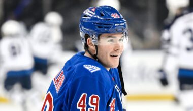 Mar 22, 2026; New York, New York, USA; New York Rangers right wing Jaroslav Chmelar (49) warms up before a game against the Winnipeg Jets at Madison Square Garden. Mandatory Credit: John Jones-Imagn Images