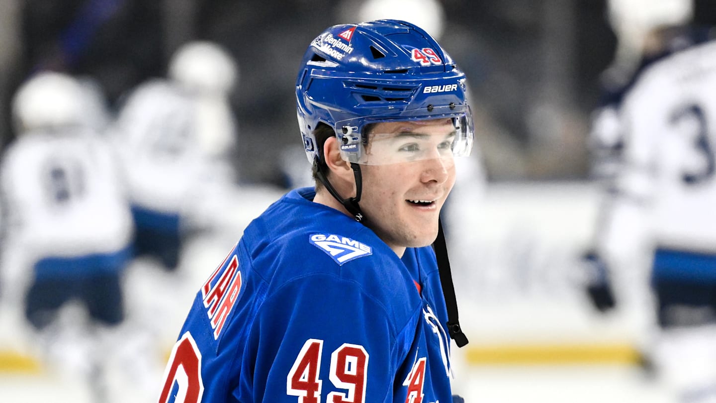 Mar 22, 2026; New York, New York, USA; New York Rangers right wing Jaroslav Chmelar (49) warms up before a game against the Winnipeg Jets at Madison Square Garden. Mandatory Credit: John Jones-Imagn Images
