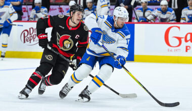 Dec 6, 2025; Ottawa, Ontario, CAN; St. Louis Blues defenseman Cam Fowler (17) defends against Ottawa Senators left wing Brady Tkachuk (7) during the third period at Canadian Tire Centre. Mandatory Credit: David Kirouac-Imagn Images