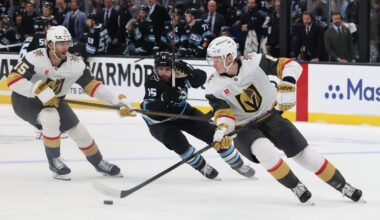 Apr 24, 2026; Salt Lake City, Utah, USA; Vegas Golden Knights defenseman Kaedan Korczak (6) controls the puck against Utah Mammoth center Alexander Kerfoot (15) during the third period in game three of the first round of the 2026 Stanley Cup Playoffs at Delta Center. Mandatory Credit: Rob Gray-Imagn Images