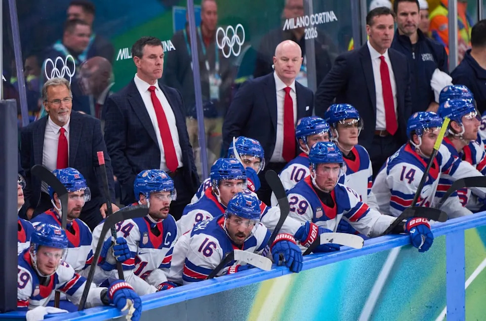 John Tortorella (l.) and Mike Sullivan (second from l.) behind Team USA’s bench during an Olympics game against Germany on Feb. 15, 2026. Getty Images