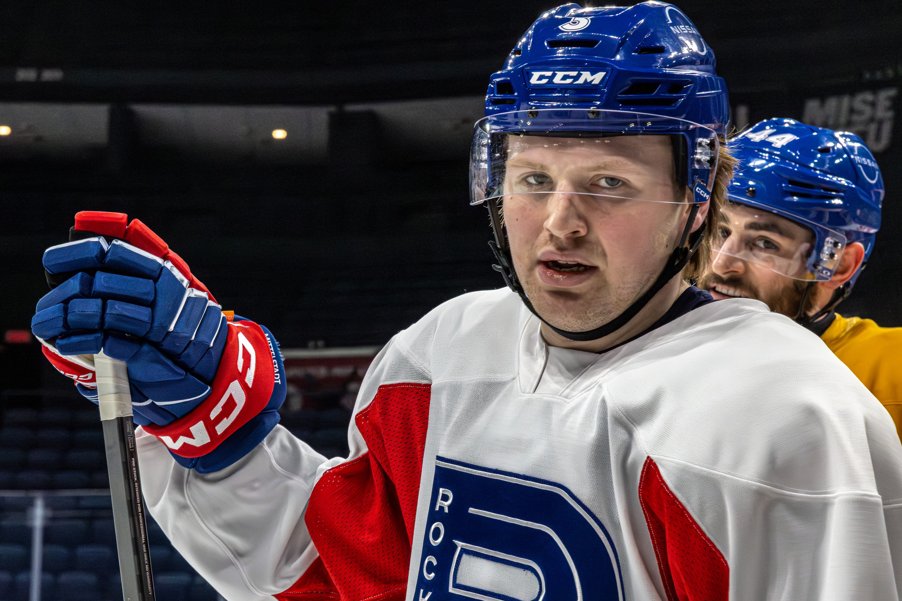 Laval Rocket defenceman Luke Mittelstadt takes a breather during practice at Place Bell on March 31.