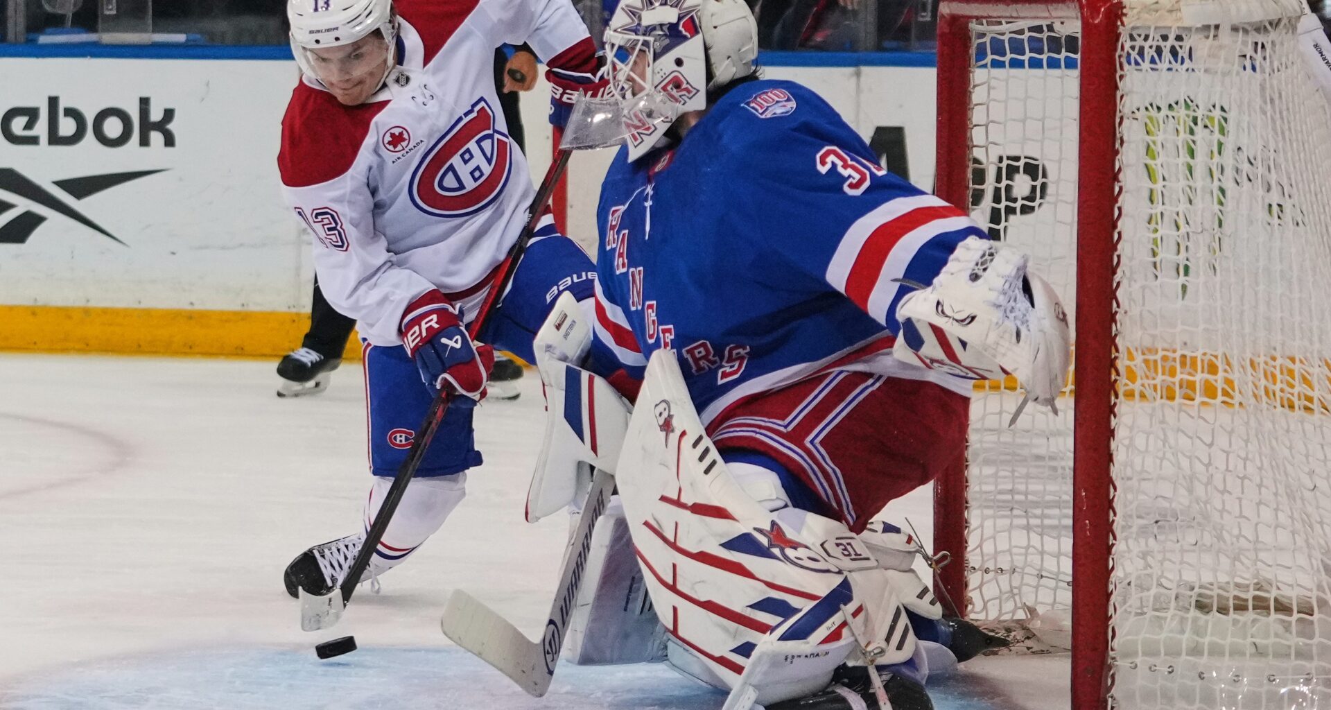 A rare miss by Canadiens winger Cole Caufield as Rangers