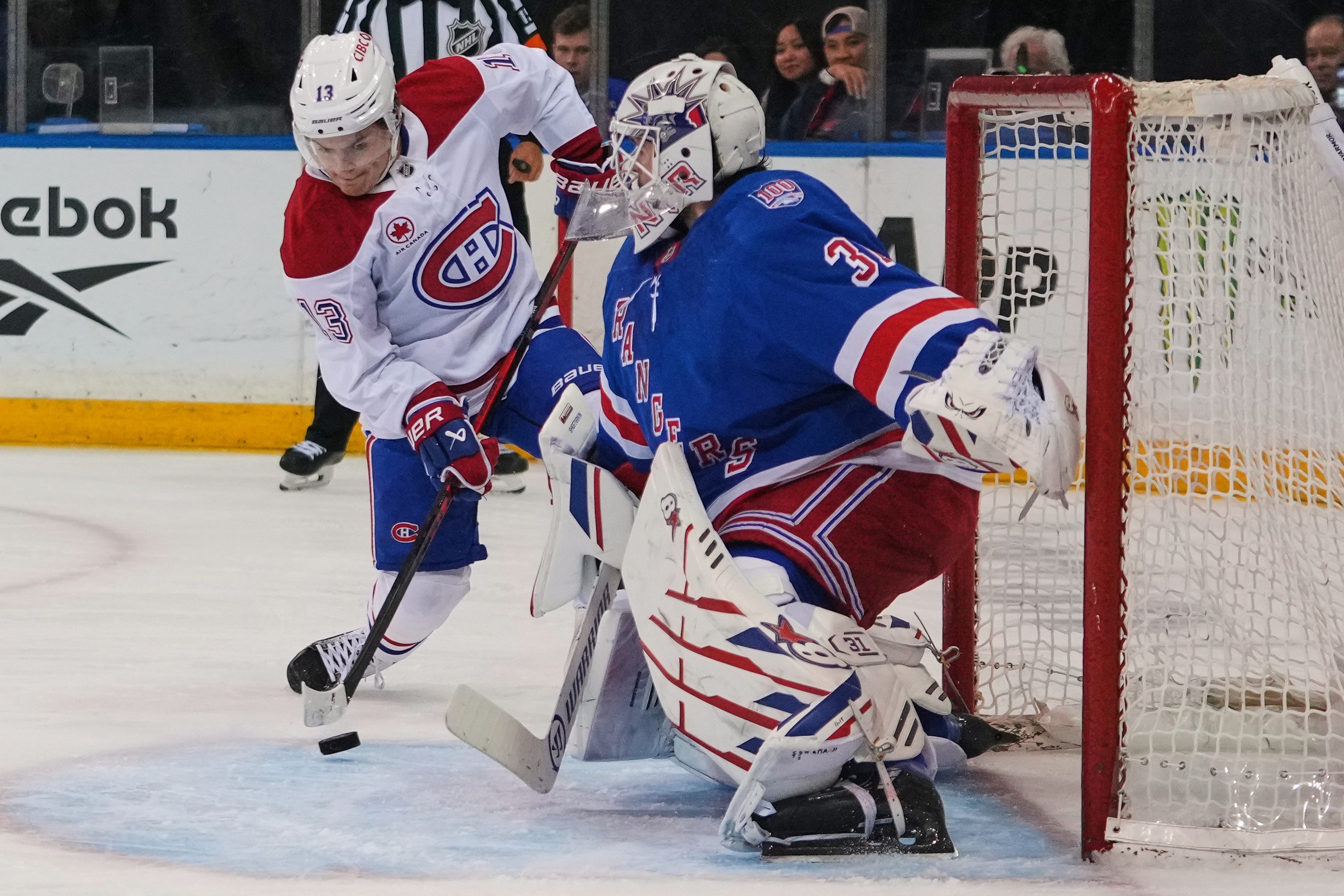 A rare miss by Canadiens winger Cole Caufield as Rangers' Igor Shesterkin stops the Montreal sniper during the first period in New York on Thursday night.