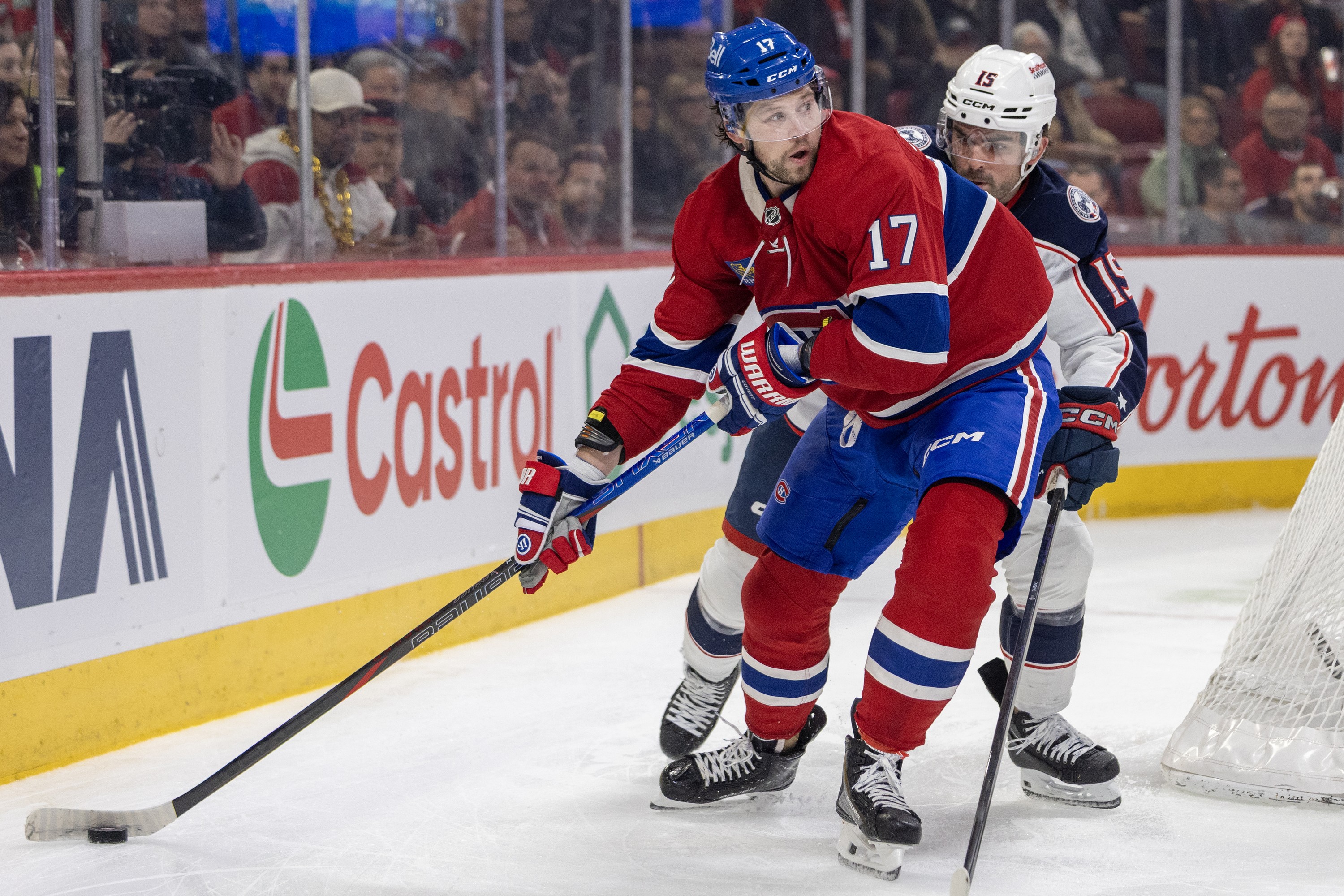 Canadiens winger Josh Anderson holds off Columbus Blue Jackets' Dante Fabbro during first period in Montreal on March 26.