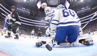 A shot from the net camera showing Maple Leafs goaltender Joseph Woll giving up a goal.