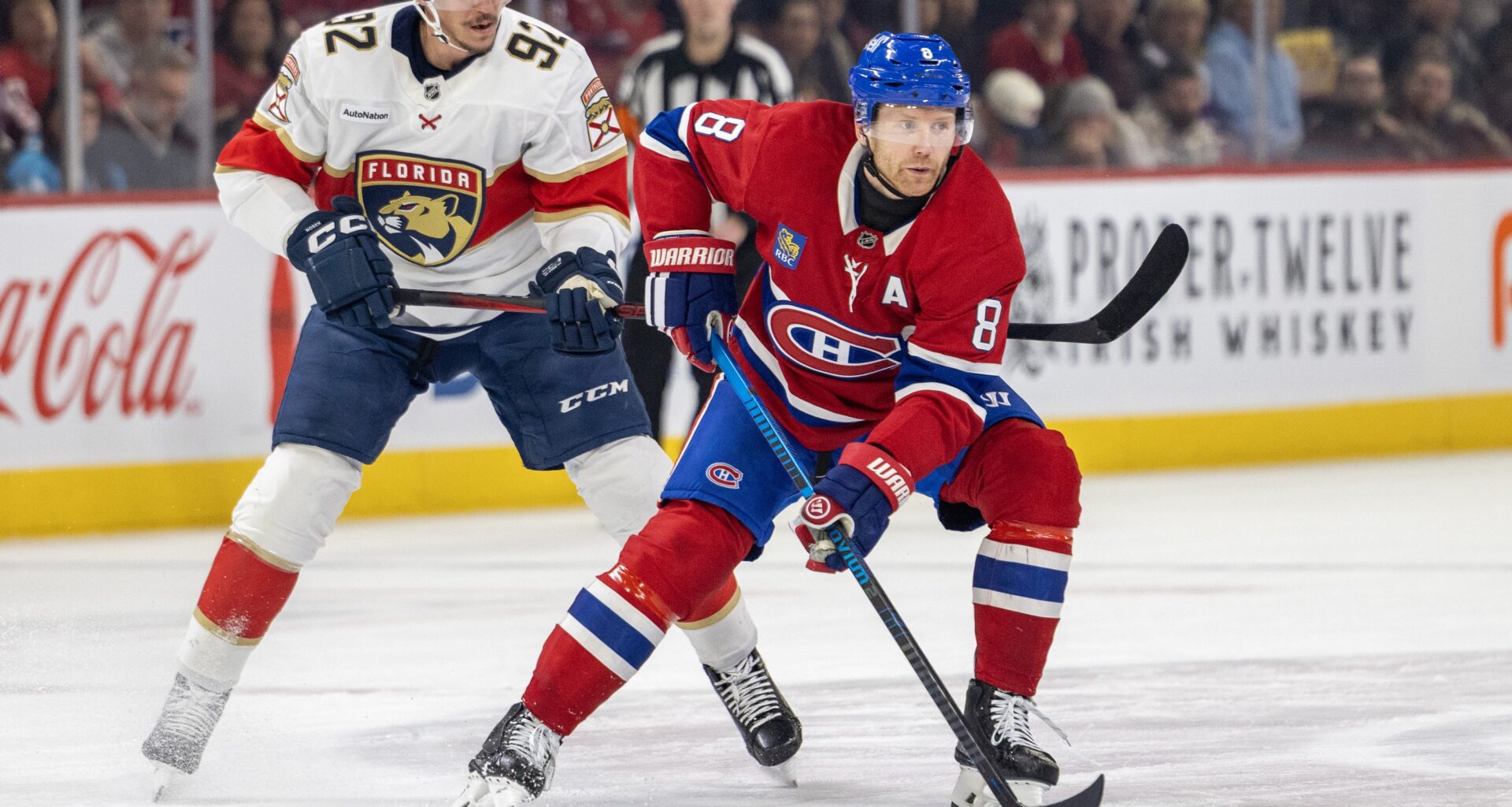 Canadiens defenceman Mike Matheson controls the puck in front of Florida Panthers' Tomas Nosek during first period in Montreal Tuesday.