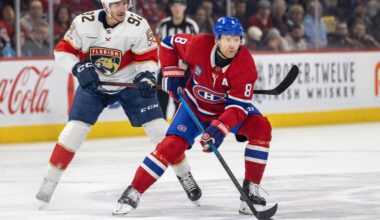 Canadiens defenceman Mike Matheson controls the puck in front of Florida Panthers' Tomas Nosek during first period in Montreal Tuesday.