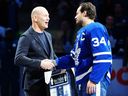 Former Toronto Maple Leafs player Mats Sundin, left, congratulates Auston Matthews on becoming the all-time franchise leader in goals earlier this season.