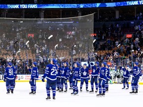 Maple Leafs players salute the crowd following their final home game of the season on April 13, 2026.