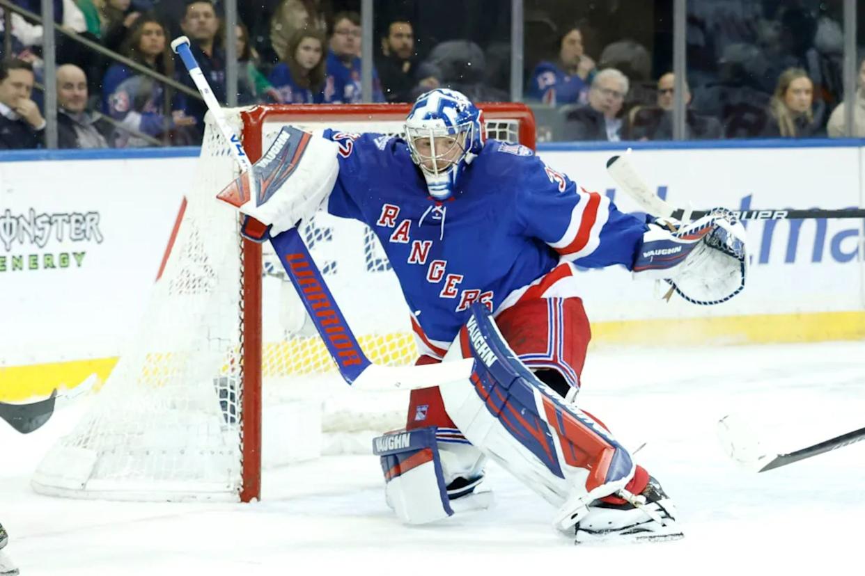 An image collage containing 1 images, Image 1 shows New York Rangers goaltender Jonathan Quick (32) defends the net during the second period when the New York Rangers played the New Jersey Devils Wednesday, March 18, 2026 at Madison Square Garden