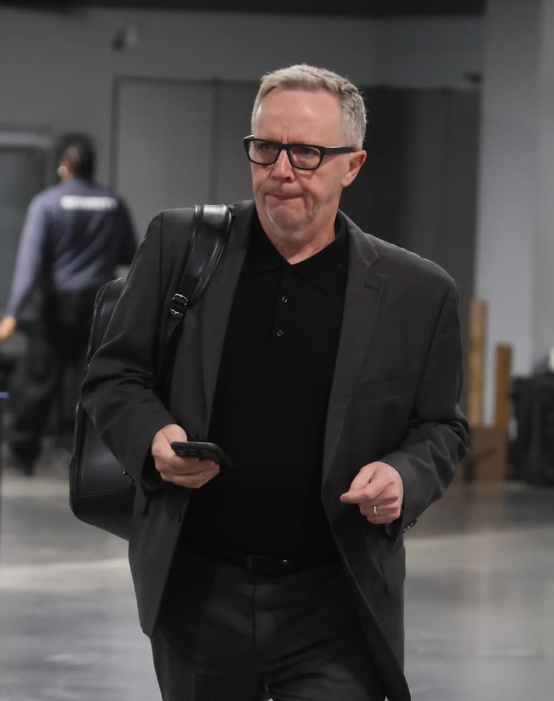 Kevin Maxwell of the St. Louis Blues arrives for the game against the New York Islanders at UBS Arena on November 23, 2024. Getty Images