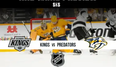 NHL game preview showing Los Angeles Kings vs Nashville Predators with players in action and team logos on ice rink background.
