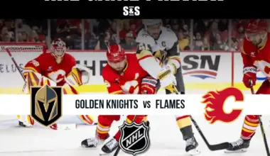 NHL game preview image featuring Golden Knights vs Flames with players in action on ice and team logos displayed.
