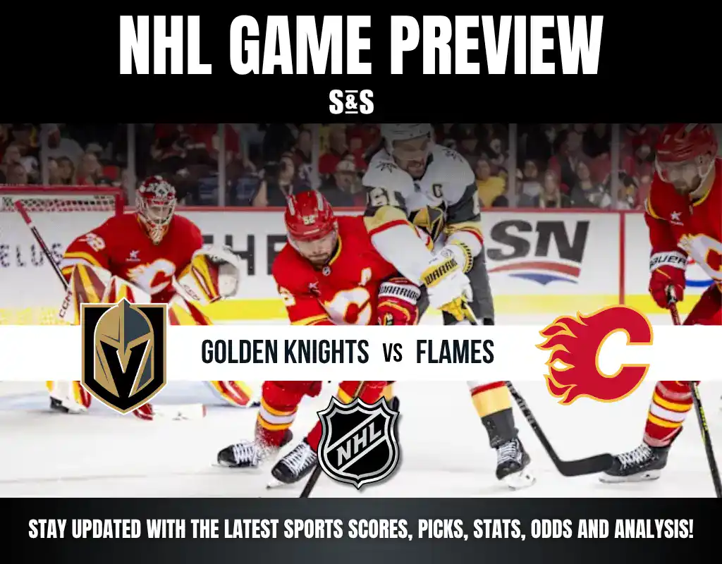 NHL game preview image featuring Golden Knights vs Flames with players in action on ice and team logos displayed.