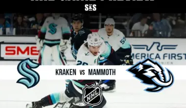 NHL game preview graphic featuring Seattle Kraken vs. San Jose Mammoth with players on ice and team logos.