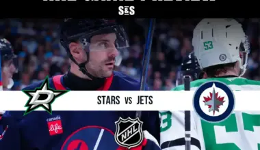 NHL game preview graphic showing Dallas Stars vs Winnipeg Jets with players facing each other on the ice.