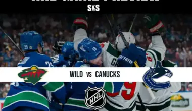 NHL game preview graphic showing Minnesota Wild vs Vancouver Canucks with players in blue and white jerseys battling on the ice.