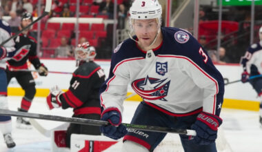 Apr 2, 2026; Raleigh, North Carolina, USA; Columbus Blue Jackets center Charlie Coyle (3) skates against the Carolina Hurricanes during the second period at Lenovo Center.